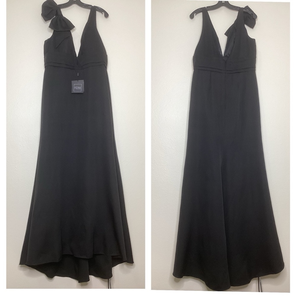Mac Duggal Black Bow V Neck Gown Sz 12 NWT - Picture 3 of 9